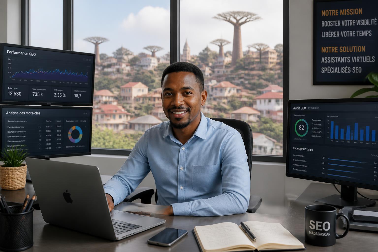 agence de consultant seo à madagascar, spécialisée dans le placement d'assistants virtuels pour aider les entrepreneurs à optimiser leur performance et développer leur activité.