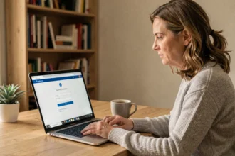 Femme utilisant la messagerie académique d'Amiens en télétravail depuis son bureau à domicile