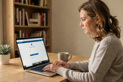 Femme utilisant la messagerie académique d'Amiens en télétravail depuis son bureau à domicile