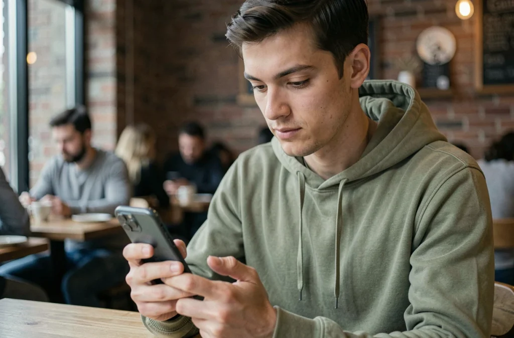 Jeune adulte effectuant un achat en ligne sécurisé sur smartphone dans un café, vigilant quant à la protection de ses données personnelles