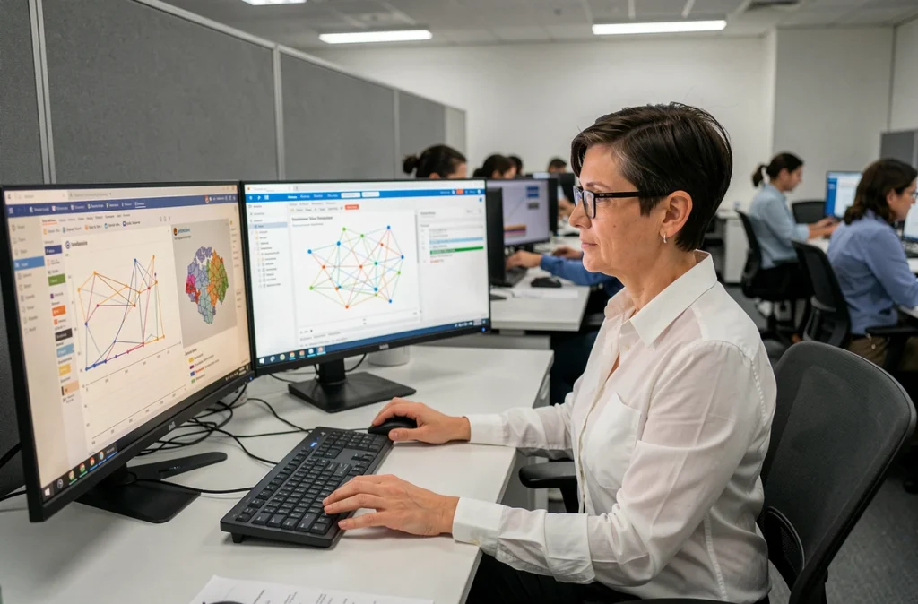 Administratrice système gérant des machines virtuelles sur plusieurs écrans dans un open space d'entreprise