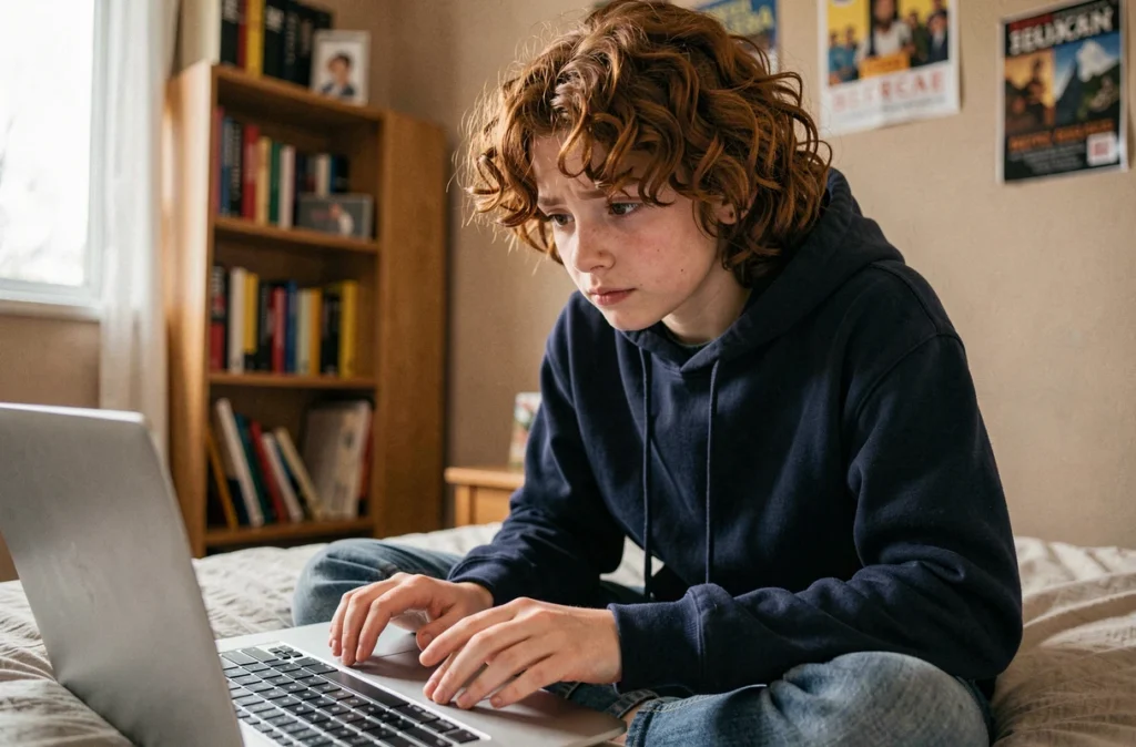 Adolescent cherchant comment taper le C cédille majuscule sur un clavier d'ordinateur portable dans sa chambre
