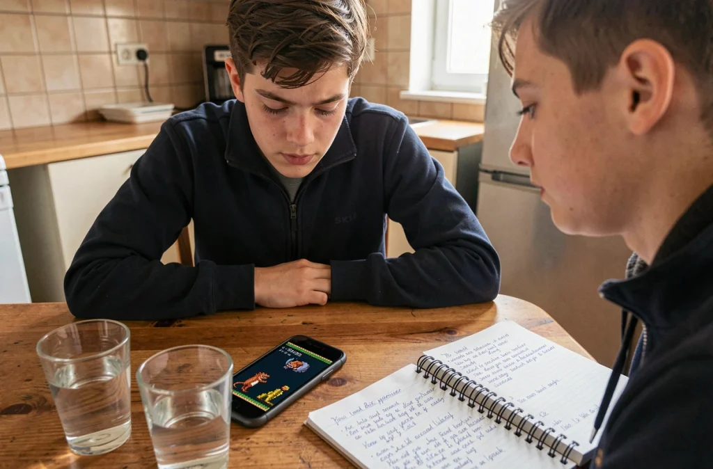 Adolescent consultant un guide de jeu Pokémon émulé sur iPhone à la cuisine