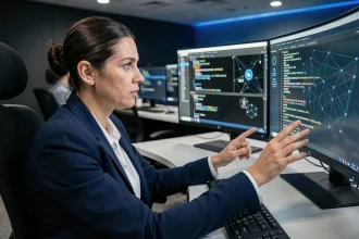 Analyste en cybersécurité travaillant sur des écrans de surveillance des menaces dans un centre opérationnel d'entreprise en 2024
