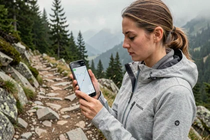 Randonneuse consultant une application de lecture de fichier GPX sur smartphone Android en montagne