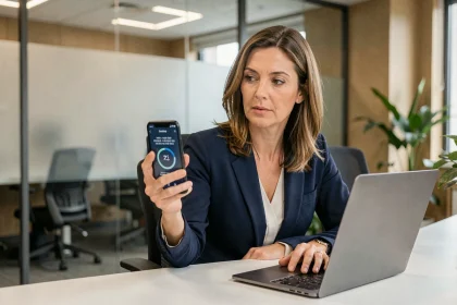 Femme professionnelle en entreprise utilisant l'authentification à deux facteurs sur son smartphone au bureau