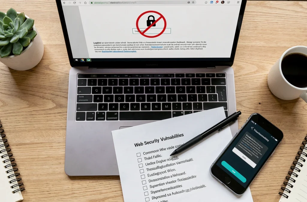 Vue aérienne d'un ordinateur portable avec formulaire de connexion non sécurisé et checklist des failles web courantes sur bureau en bois
