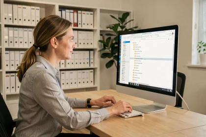 Femme organisée classant ses fichiers numériques sur un ordinateur dans un bureau moderne