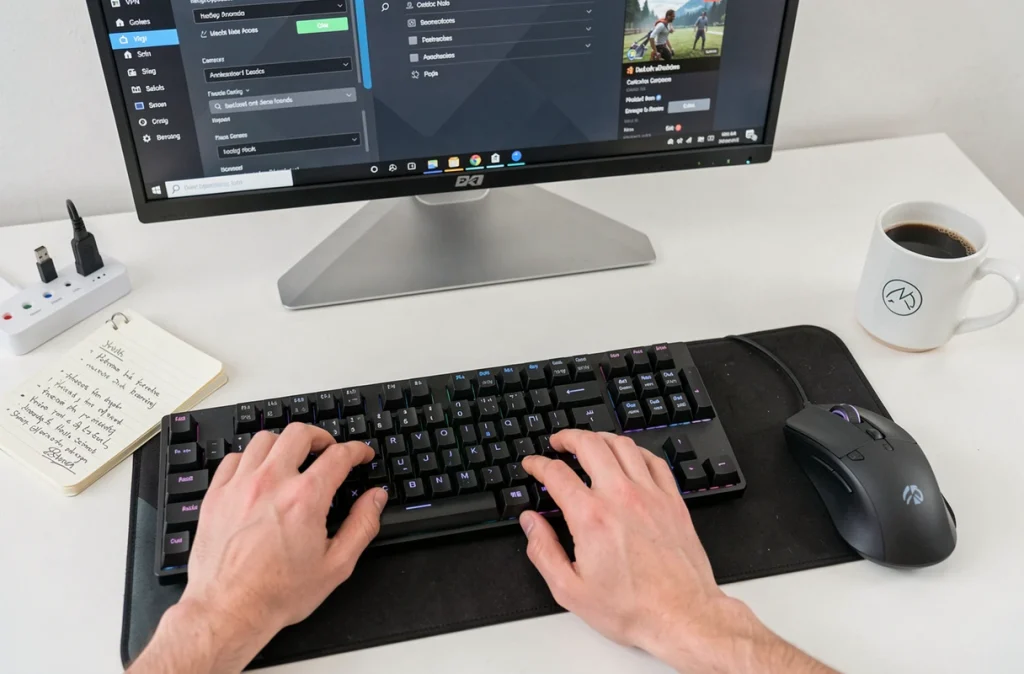 Mains sur un clavier gaming avec interface de paramètres VPN visible à l'écran pour jouer en ligne en sécurité