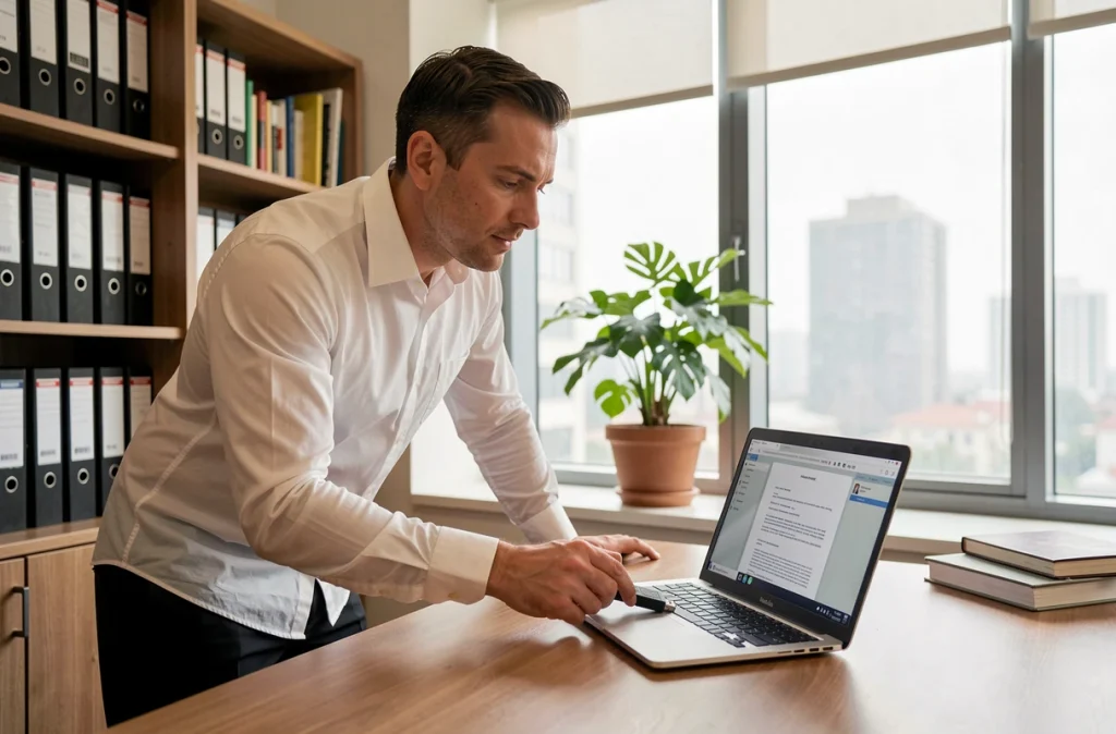 Homme insérant une clé de sécurité USB pour protéger des documents confidentiels sur ordinateur portable