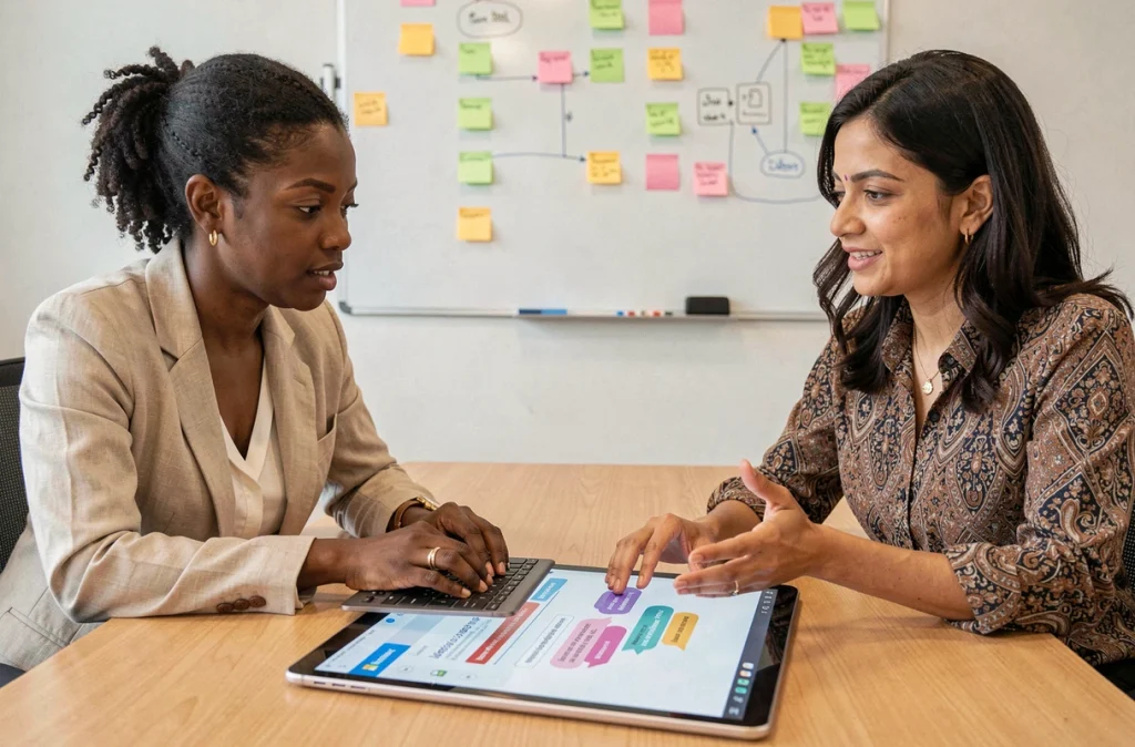 Deux professionnelles co-éditant une présentation PowerPoint sur Microsoft 365 en temps réel via une tablette Surface dans une salle de réunion moderne