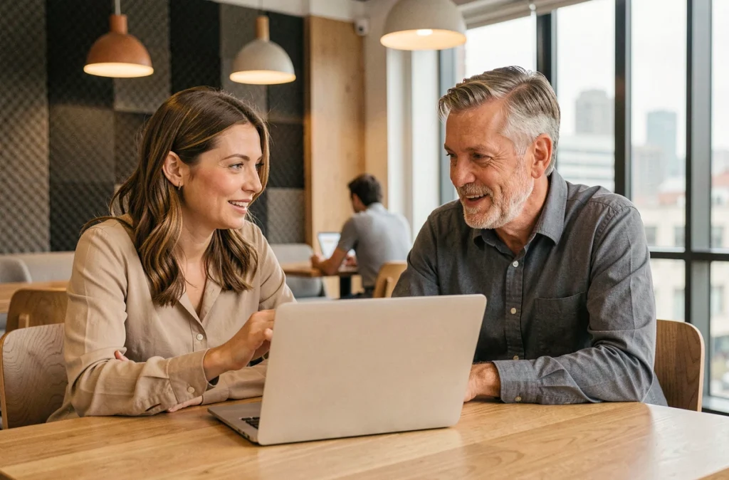 Deux professionnels collaborant sur une solution de stockage cloud dans un espace de coworking moderne