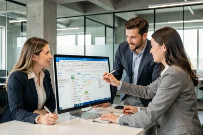 Trois professionnels collaborant en temps réel sur un document Microsoft 365 partagé devant un écran d'ordinateur dans un bureau moderne