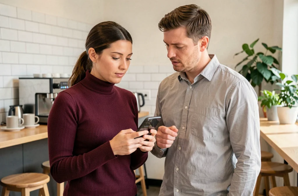 Deux collègues dans une salle de pause consultant ensemble un smartphone personnel, symbolisant le débat sur l'installation d'une application professionnelle sur appareil privé