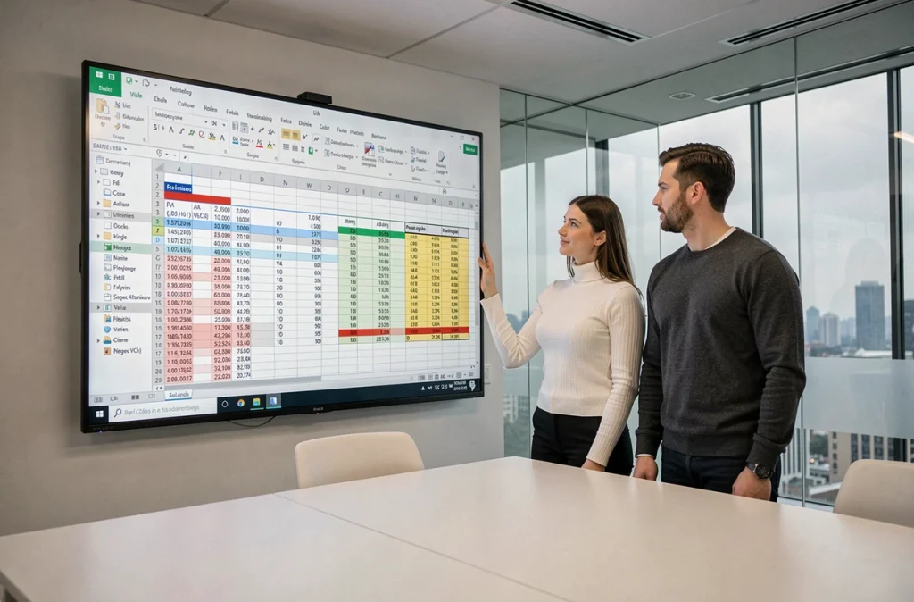 Deux collègues analysant un tableau de bord Excel formaté sur écran mural en salle de réunion moderne