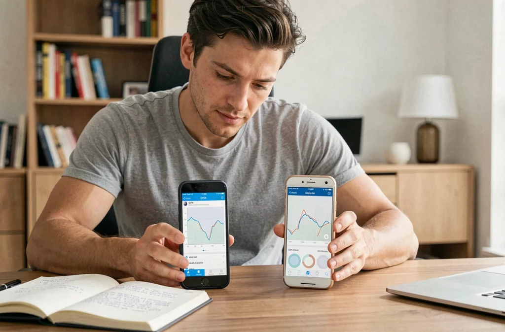 Homme comparant des applications GPX sur Android et iOS côte à côte sur un bureau en bois