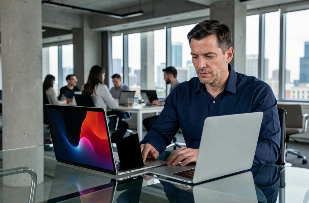 Homme comparant deux ordinateurs portables dont un écran OLED dans un bureau moderne en open space