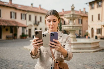 Voyageuse comparant trois smartphones haut de gamme sur une place pavée en Europe du Sud pour choisir le meilleur appareil photo de voyage