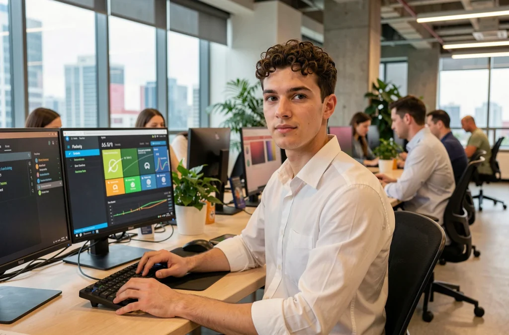 Jeune professionnel gérant la confidentialité de sa connexion Wi-Fi dans un espace de coworking avec tableau de bord réseau