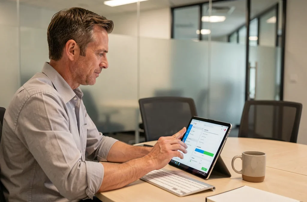 Homme d'affaires configurant les paramètres de partage d'un calendrier Google Agenda sur une tablette dans une salle de réunion