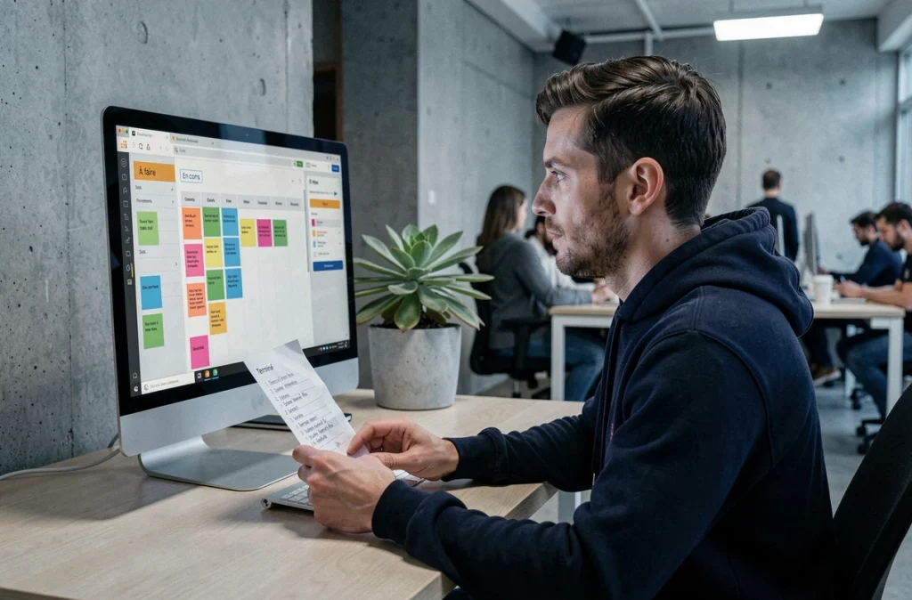 Homme convertissant une liste de tâches papier en tableau Trello numérique sur un ordinateur de bureau dans un bureau moderne