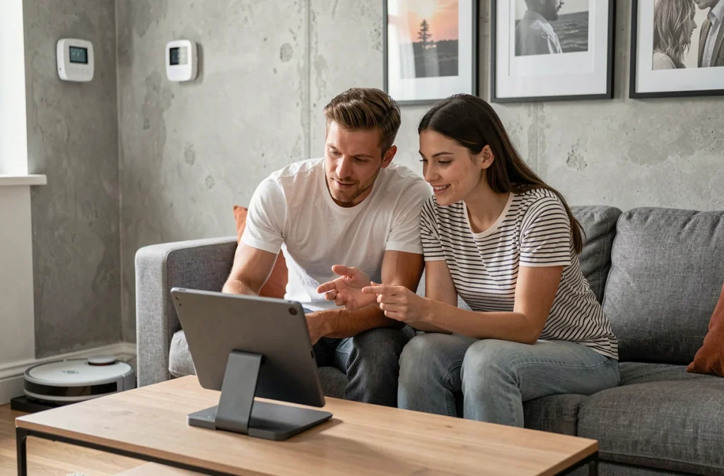 Couple dans un salon connecté interagissant avec une tablette et des appareils domotiques dont un thermostat intelligent