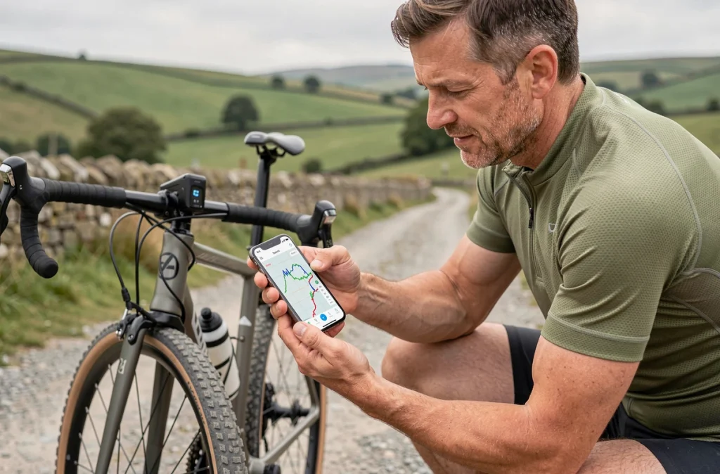 Cycliste consultant une application de lecture GPX sur iPhone au bord d'un chemin de gravier à la campagne