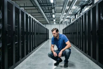 Technicien inspectant une rangée de serveurs dans un immense datacenter aux impacts énergétiques et environnementaux importants