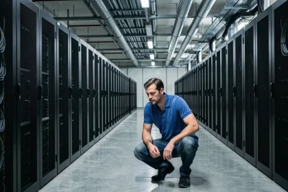 Technicien inspectant une rangée de serveurs dans un immense datacenter aux impacts énergétiques et environnementaux importants