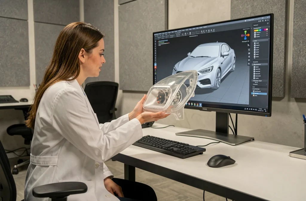 Designer automobile comparant un boîtier de phare imprimé en 3D à son modèle CAD numérique