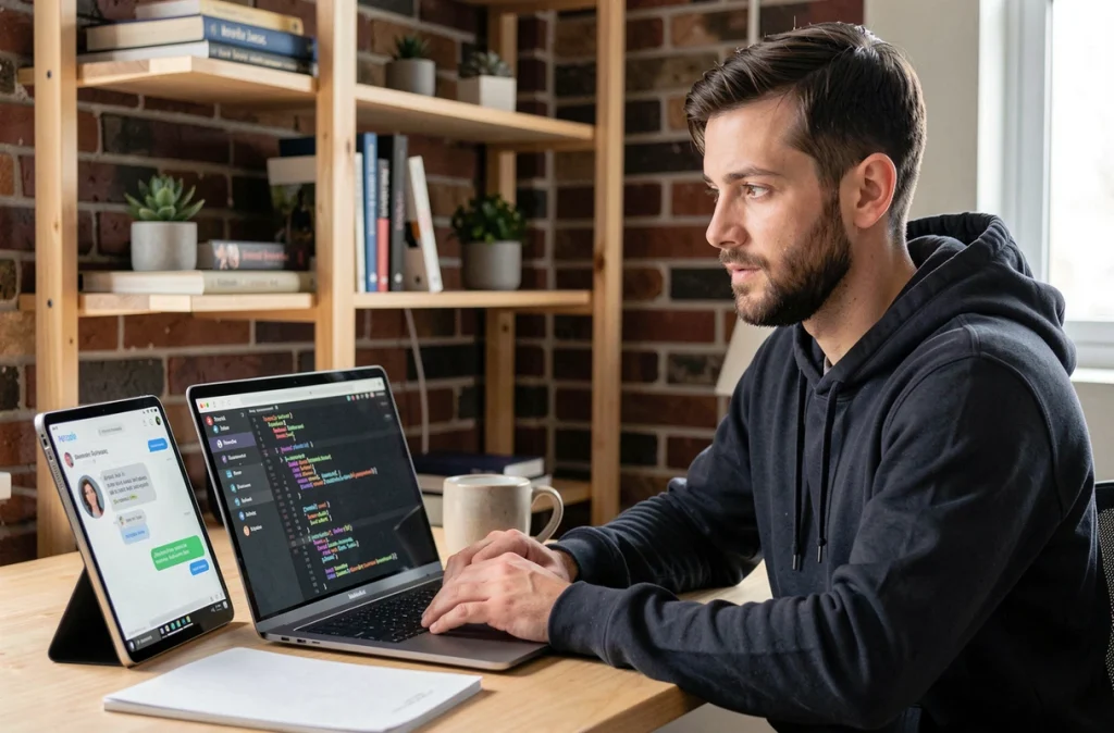 Développeur travaillant avec un assistant IA depuis un bureau à domicile pour automatiser des tâches numériques