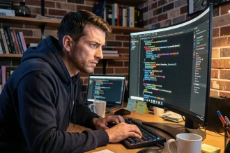 Développeur web masculin analysant des failles de sécurité sur un écran de code dans un bureau à domicile