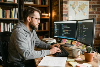 Développeur barbu en hoodie codant sur un poste de travail Linux dans un bureau à domicile avec livres de programmation et notes adhésives, illustrant le développement de logiciels libres