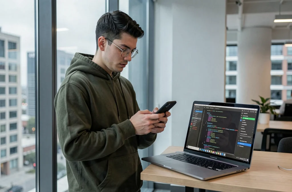 Développeur appliquant des mises à jour de sécurité sur son smartphone dans un espace de coworking moderne