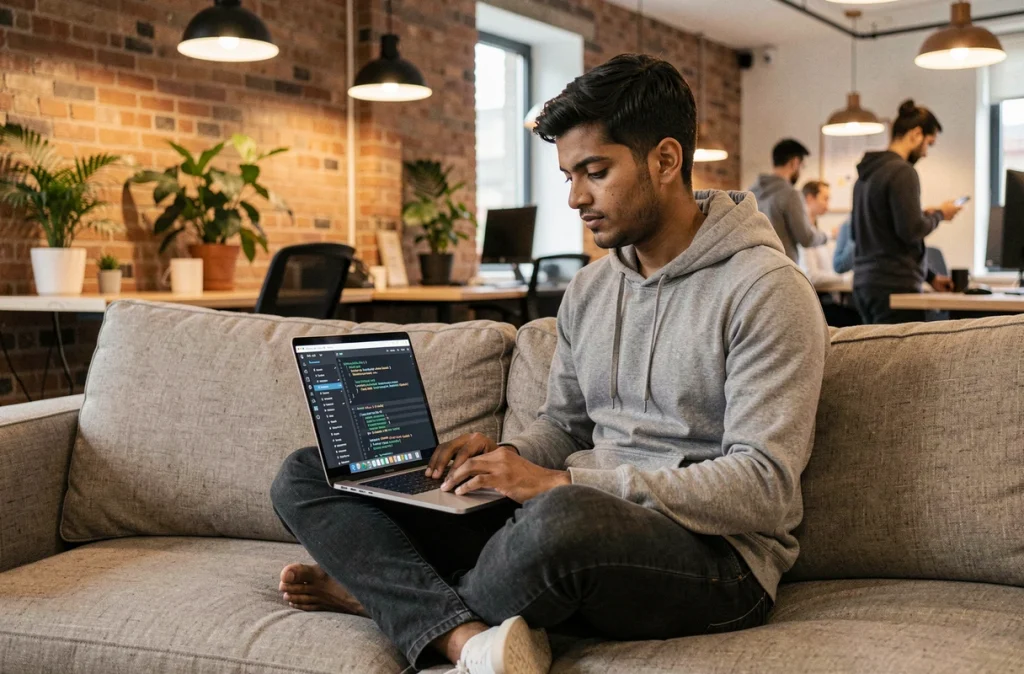 Développeur en sécurité informatique analysant des journaux d'audit sur un ordinateur portable dans un espace de travail collaboratif de startup technologique