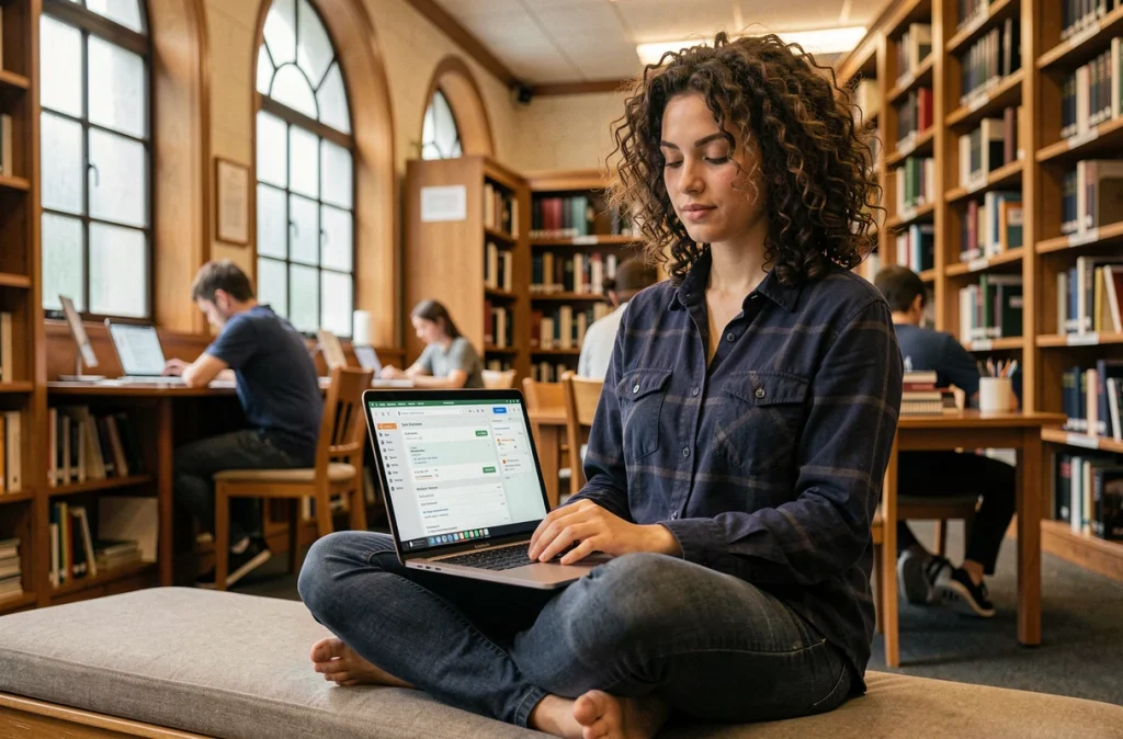 Jeune développeuse aux cheveux bouclés contribuant à un projet open source sur son ordinateur portable dans une bibliothèque universitaire aux étagères en bois