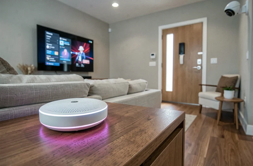 Enceinte connectée au premier plan dans un salon moderne entouré d'objets IoT vulnérables aux cyberattaques domestiques