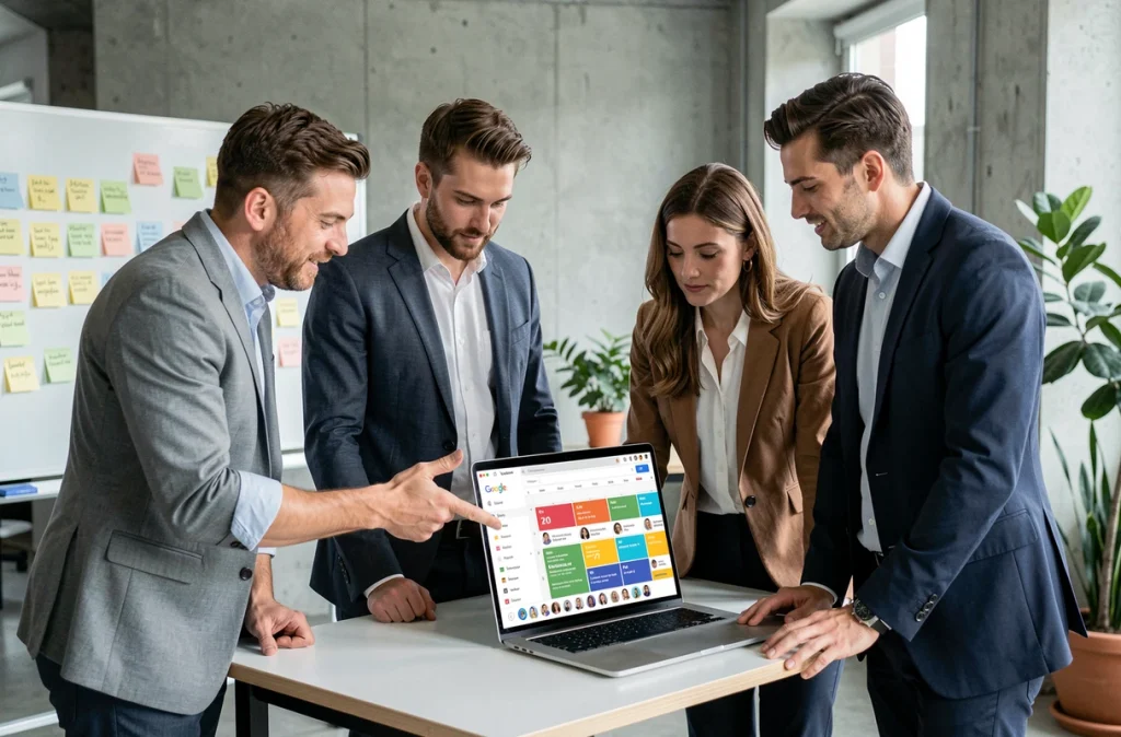 Équipe de collègues consultant un calendrier Google Agenda partagé sur un ordinateur portable dans un espace de travail collaboratif