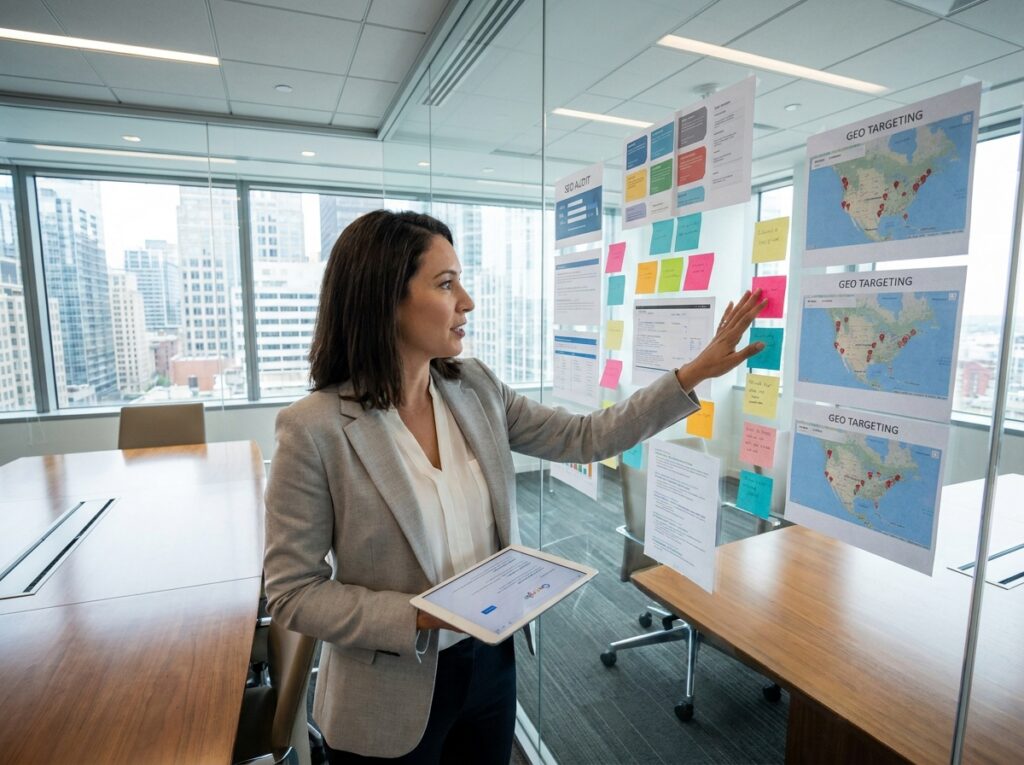 Experte en stratégie SEO GEO debout devant un mur de documents d'audit et de cartes de ciblage géographique dans une salle de réunion en verre