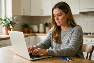 Femme consultant son ordinateur portable pour un achat en ligne tout en tenant sa carte bancaire, soucieuse de la protection de ses données personnelles