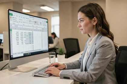 Femme au bureau consultant des formules Excel de calcul de temps de travail sur un écran d'ordinateur