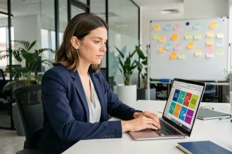 Femme professionnelle travaillant sur une présentation PowerPoint avancée dans un bureau moderne