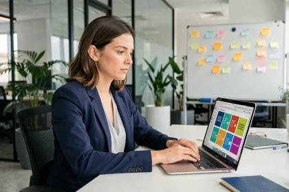 Femme professionnelle travaillant sur une présentation PowerPoint avancée dans un bureau moderne