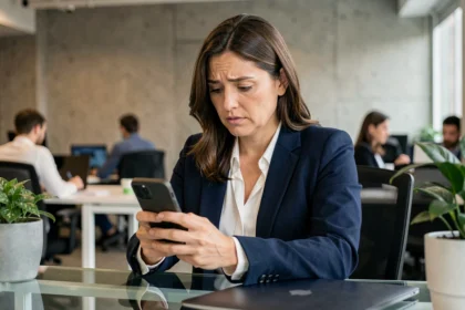 Professionnelle en blazer marine consultant son smartphone personnel au bureau, illustrant la question de l'installation d'une application professionnelle sur appareil privé