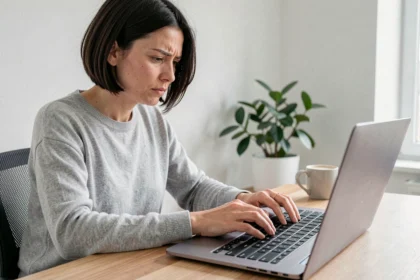 Femme cherchant la touche C cédille majuscule sur un clavier AZERTY dans un bureau à domicile