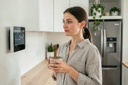 Femme dans une cuisine moderne interagissant avec un écran connecté au mur, illustrant les objets connectés dans la maison
