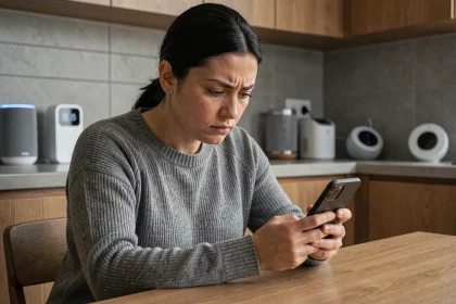 Femme inquiète regardant son smartphone dans une cuisine connectée entourée d'objets IoT potentiellement vulnérables à des cyberattaques