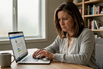 Femme de 40 ans scrutant un email suspect sur son ordinateur portable dans un bureau à domicile, illustrant la vigilance face au phishing