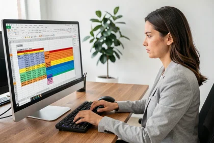 Femme en blazer gris travaillant sur Excel avec des tableaux formatés colorés sur écran de bureau moderne