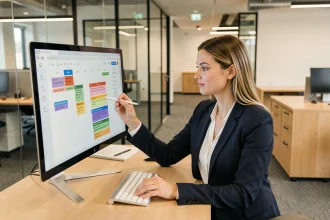 Femme professionnelle pointant un calendrier Google Agenda partagé sur un écran de bureau dans un open space moderne